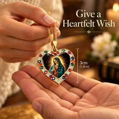 Virgin Mary Heart Pendant Necklace – Gold-Tone with Multicolor Accents