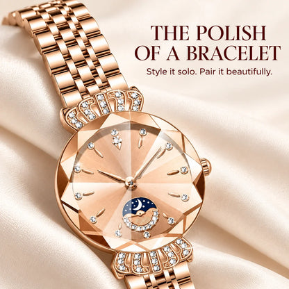 👑✨ Luxurious Rose Gold Crystal Quartz Watch – Diamond Cut Vintage Wristwatch