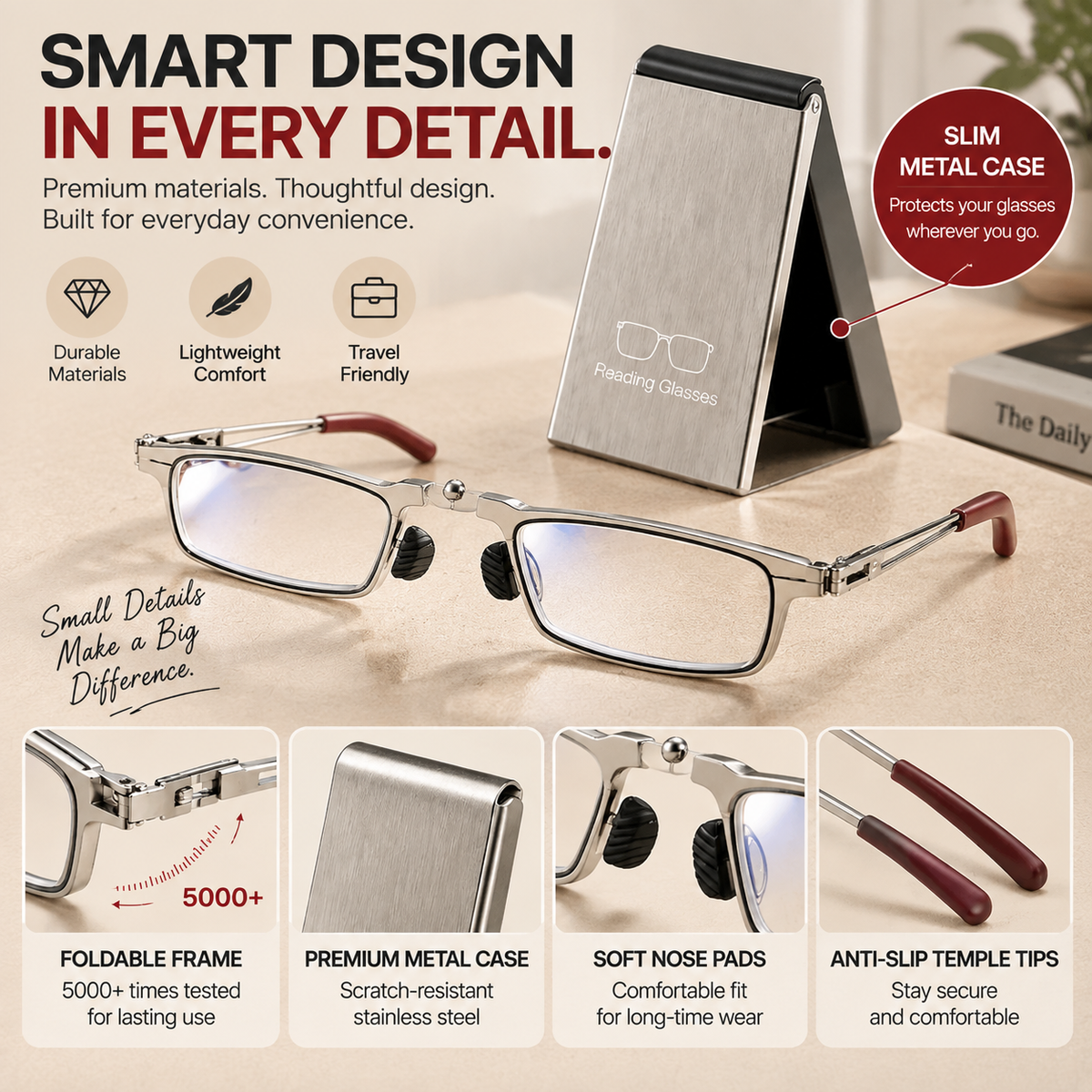 👓 Folding Reading Glasses – Ultra-Slim Portable Readers with Protective Metal Case for Everyday & Travel