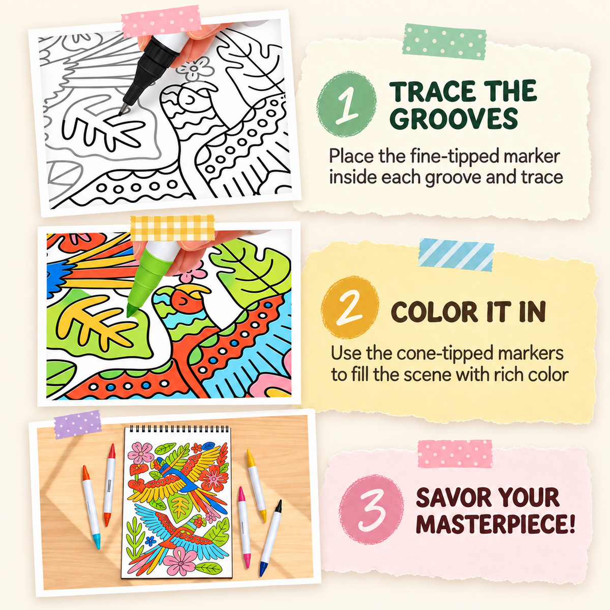 🥳2026 HOT SALE🥳💞50K+ SOLD! 🥚 🌿Trace-By-Groove Guided Flow Art Coloring Pad with Double-Sided Markers 🎨