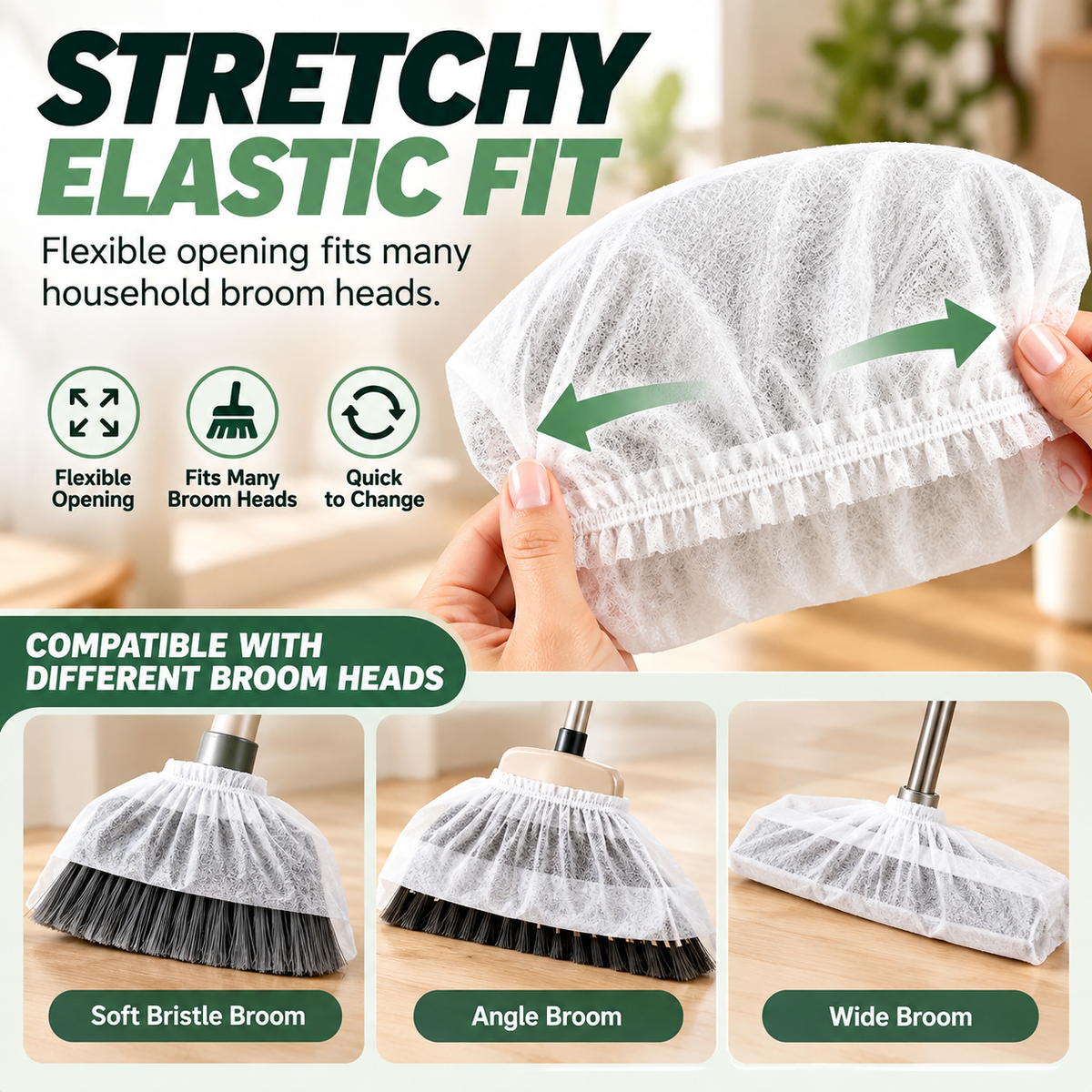 🧹 100 PCS Disposable Broom Dust Cover – Elastic Cleaning Cover for Pet Hair, Dust & Everyday Floor Debris