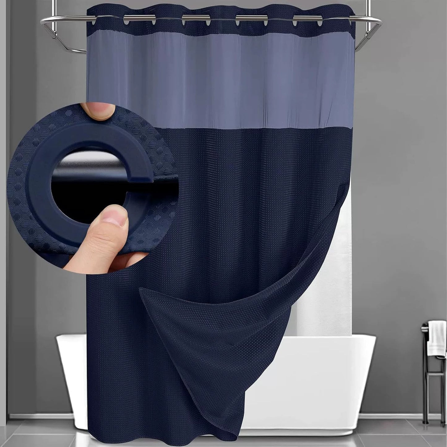 Hookless Shower Curtain with Snap-in Liner – Waterproof Double-Layer Design – Fabric Curtain with Waterproof Liner (White)