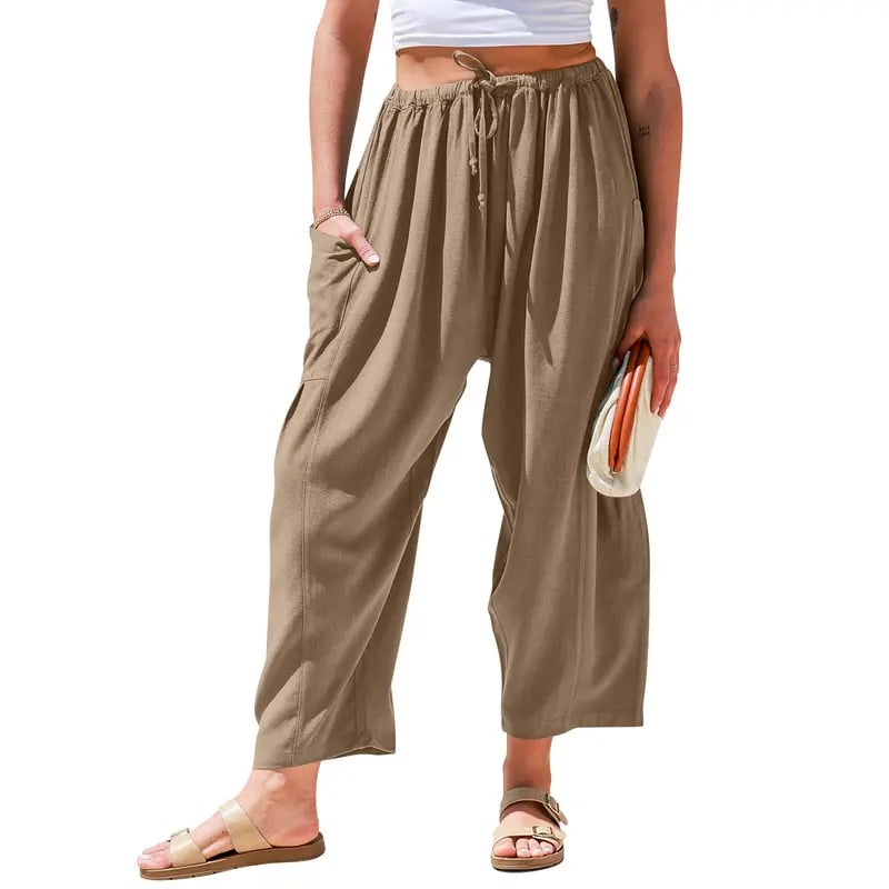 Womens Polyester Wide Leg Pants Casual Loose Fit Beach Palazzo Harem Pants with Pockets Spring Summer Style