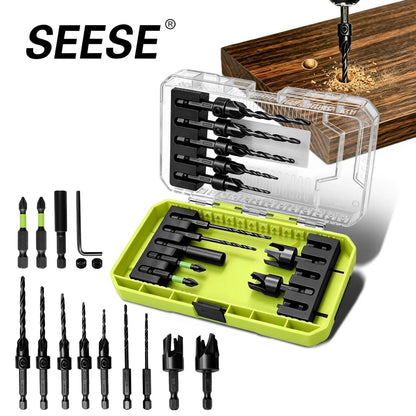 15 pcs Drill Bits Set - 1/4 Inch Hex Shank Countersink Chamfering Tool