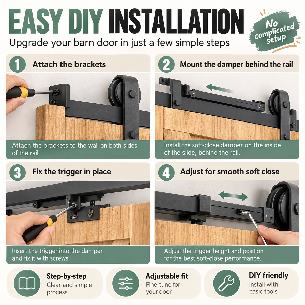 🚪 Barn Door Soft Close Kit – Hidden Anti-Slam Damper Hardware for 88–132 lb Flat Track Sliding Doors