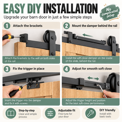 🚪 Barn Door Soft Close Kit – Hidden Anti-Slam Damper Hardware for 88–132 lb Flat Track Sliding Doors