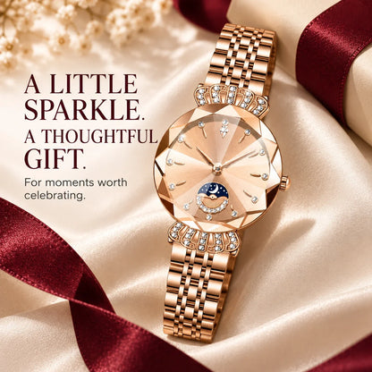 👑✨ Luxurious Rose Gold Crystal Quartz Watch – Diamond Cut Vintage Wristwatch