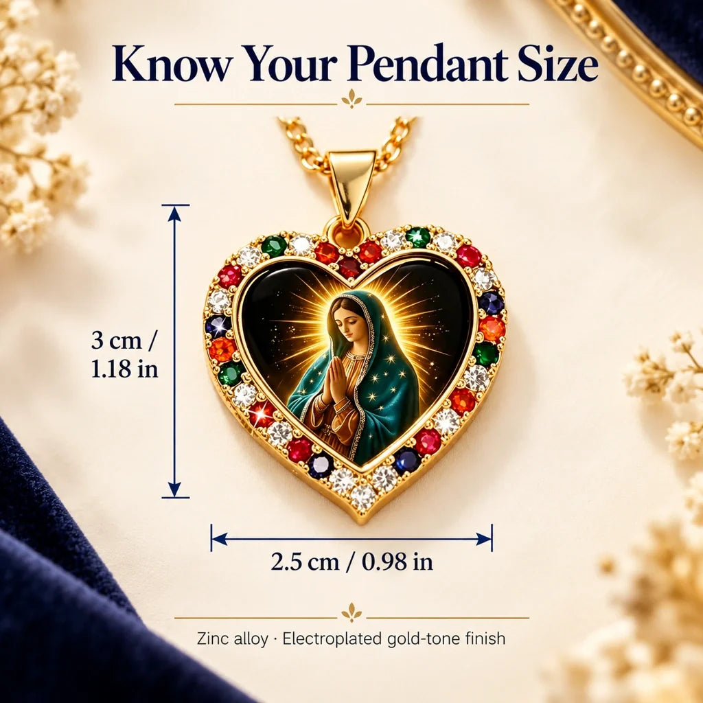 Virgin Mary Heart Pendant Necklace – Gold-Tone with Multicolor Accents