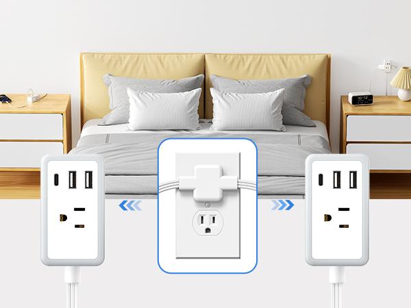 Twin Extension Cord Splitter 12 / 18 FT, with 6ft Dual Extension Cord on Each Side 3 Widely Outlets, Double Extension Cord for Home Office Dorm Room