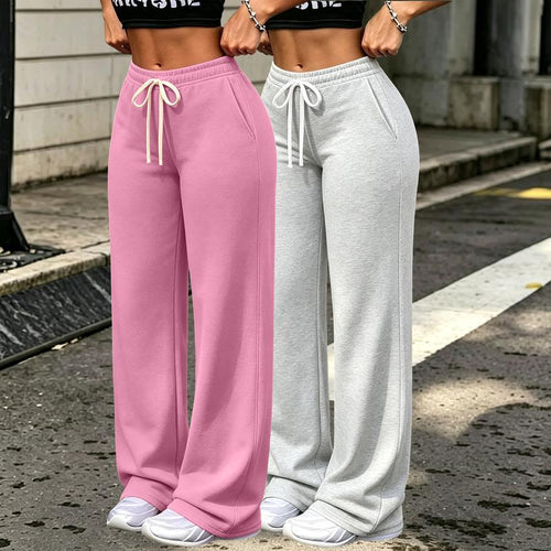 Purebeat Women's 2-Pack Fleece Elastic-Waistband Baggy Sweatpants - Wide-Leg Casual Chic Comfy Pants with Side Pockets, Solid Color Clothes, Elastic Drawcord, Machine-Washable Non-Sheer Fabric