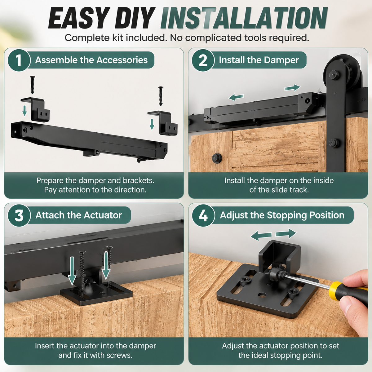 🚪 Barn Door Soft Close Kit – Hidden Anti-Slam Damper Hardware for 88–132 lb Flat Track Sliding Doors