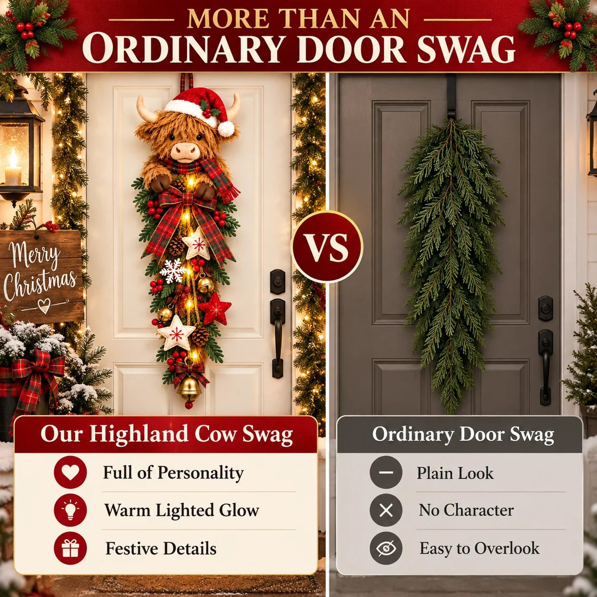 🎄🐮 Lighted Highland Cow Christmas Door Swag – A Cozy Holiday Welcome