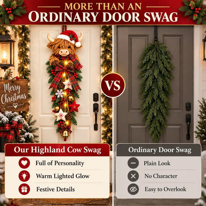 🎄🐮 Lighted Highland Cow Christmas Door Swag – A Cozy Holiday Welcome