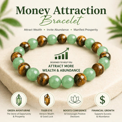 💙 Money Attraction Green Aventurine & Tiger Eye Elastic Crystal Bracelet for Men Women, Friendship Daily Wear