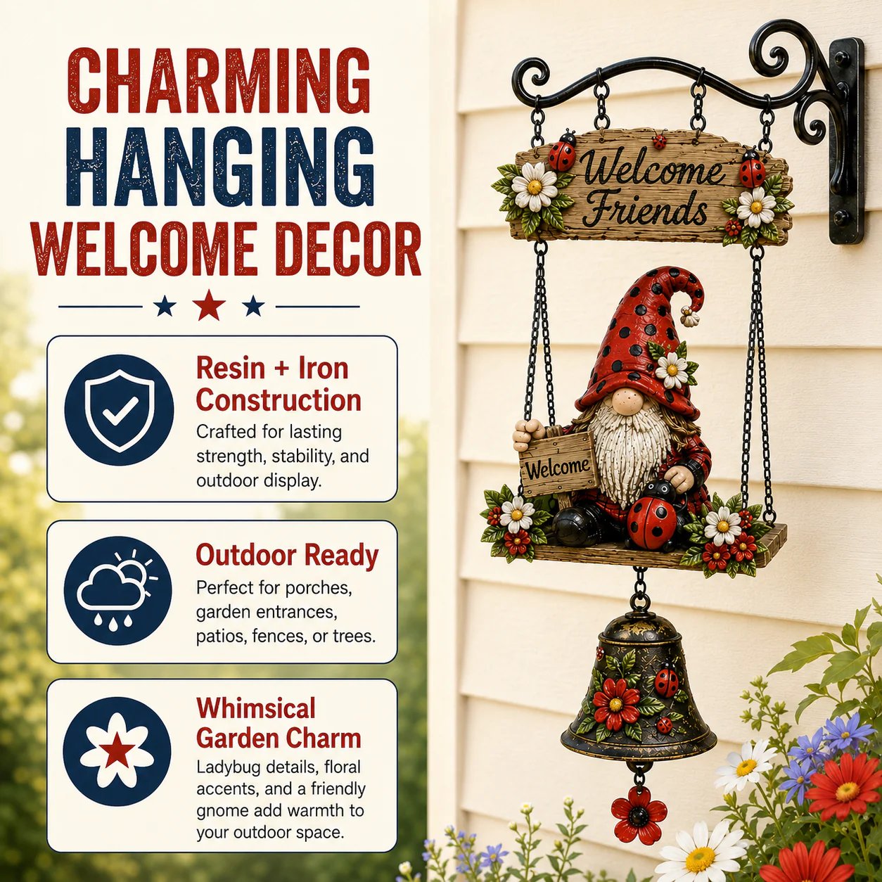 🐞🌼Rustic Garden Gnome Bell Outdoor Decor