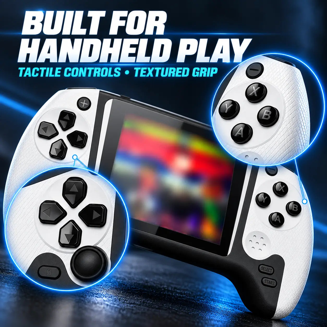 Close-up of portable retro game console buttons and grip