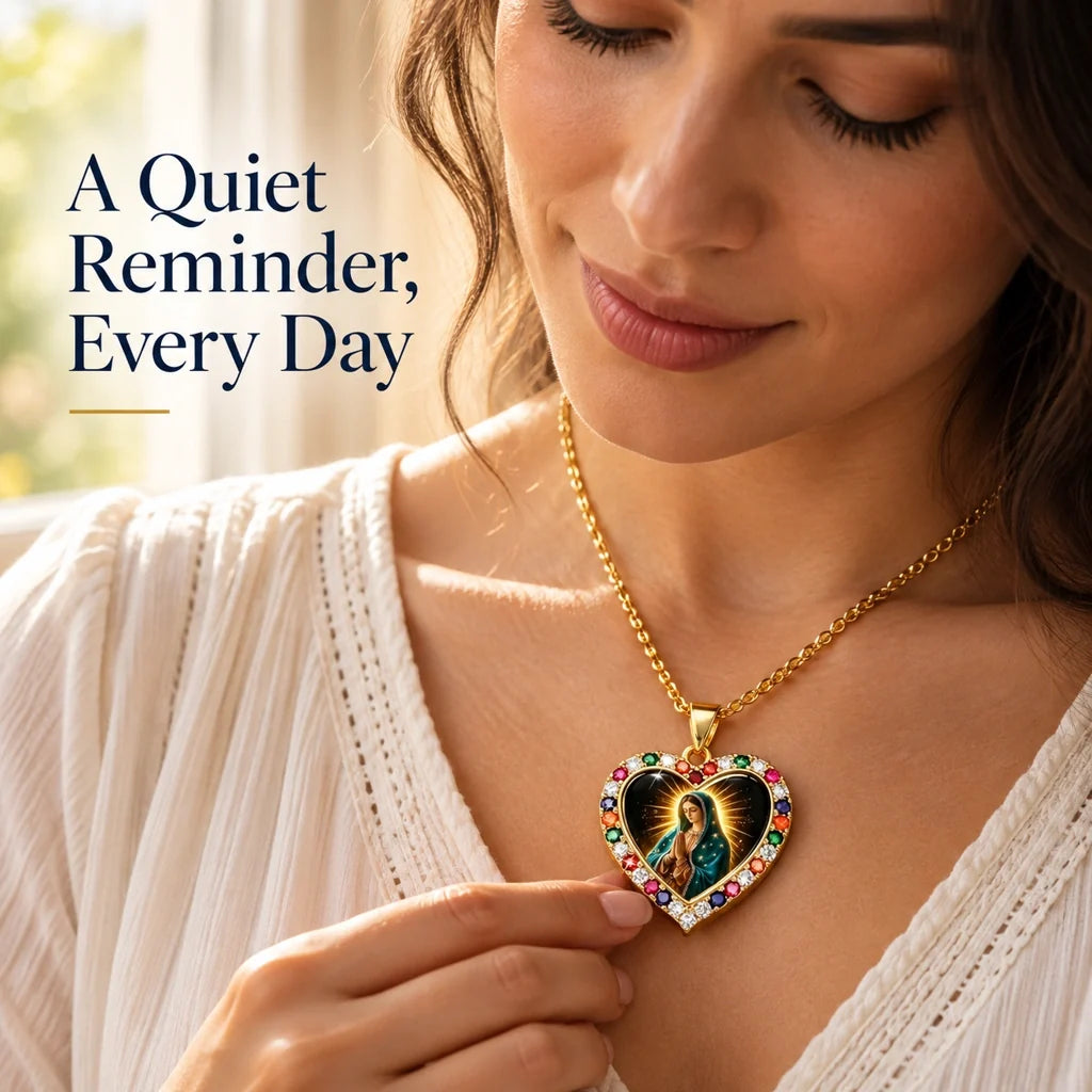 Virgin Mary Heart Pendant Necklace – Gold-Tone with Multicolor Accents