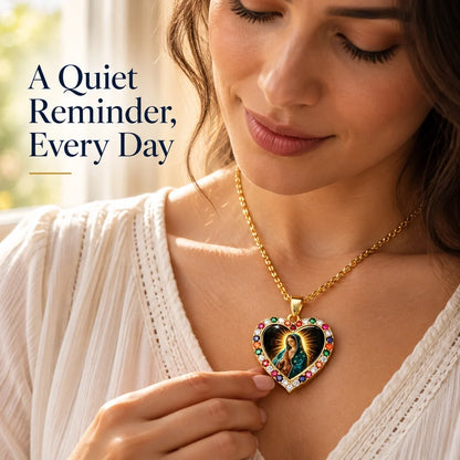 Virgin Mary Heart Pendant Necklace – Gold-Tone with Multicolor Accents