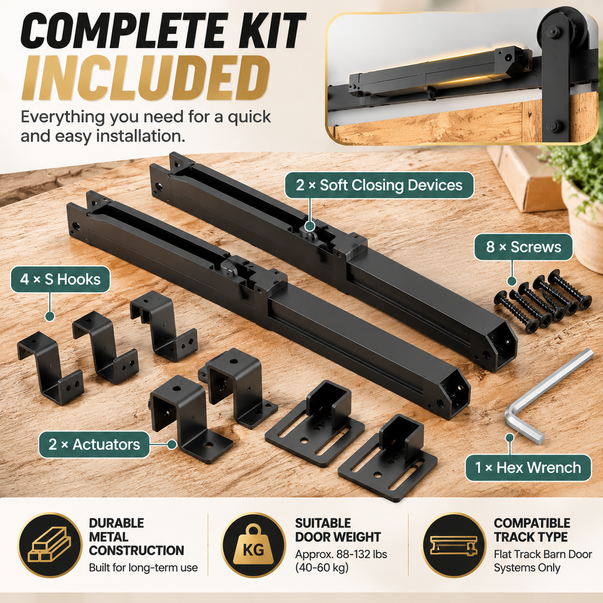 🚪 Barn Door Soft Close Kit – Hidden Anti-Slam Damper Hardware for 88–132 lb Flat Track Sliding Doors