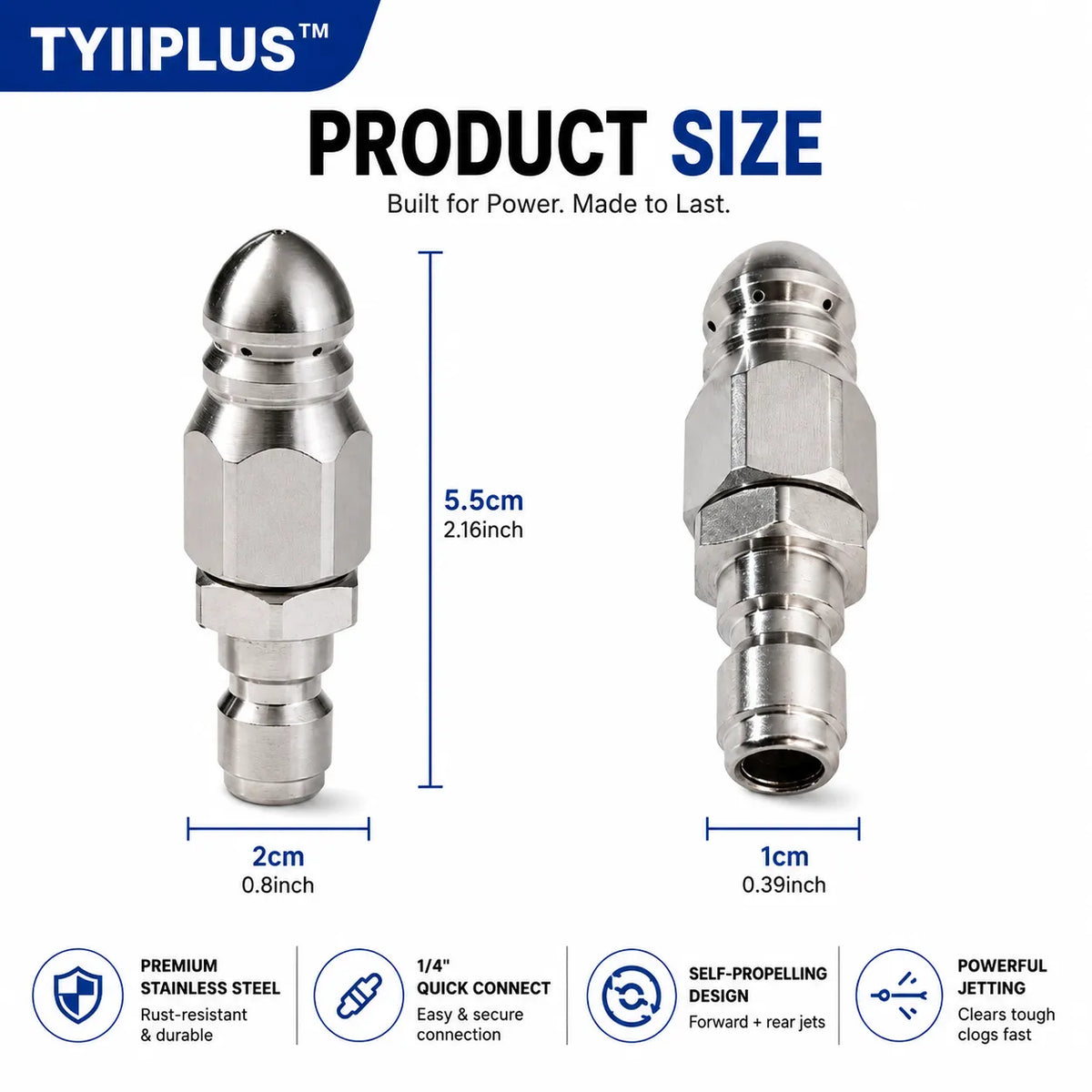 Stainless Steel Sewer Jetter Nozzle – 1/4' Quick Connect Drain Cleaning Attachment for Pressure Washers