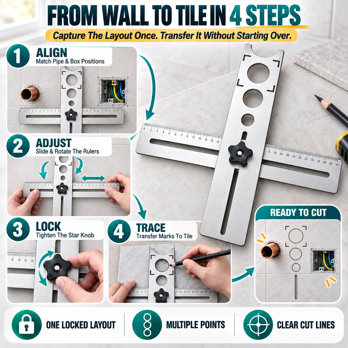 📏40CM Adjustable Stainless Steel Tile Hole Positioning Ruler📐