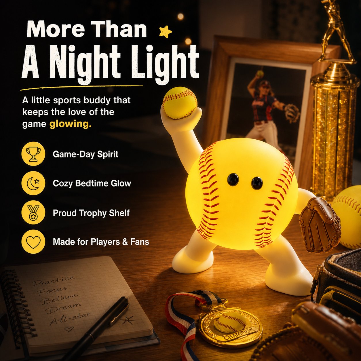 🏆 All-Star Sports Night Light Buddy | Cute LED Lamp for Bedrooms, Desks & Trophy Shelves