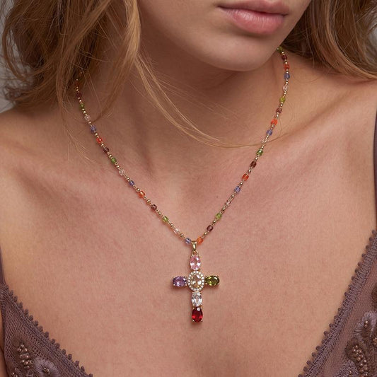 Multicolor Cubic Zirconia Cross Pendant Necklace