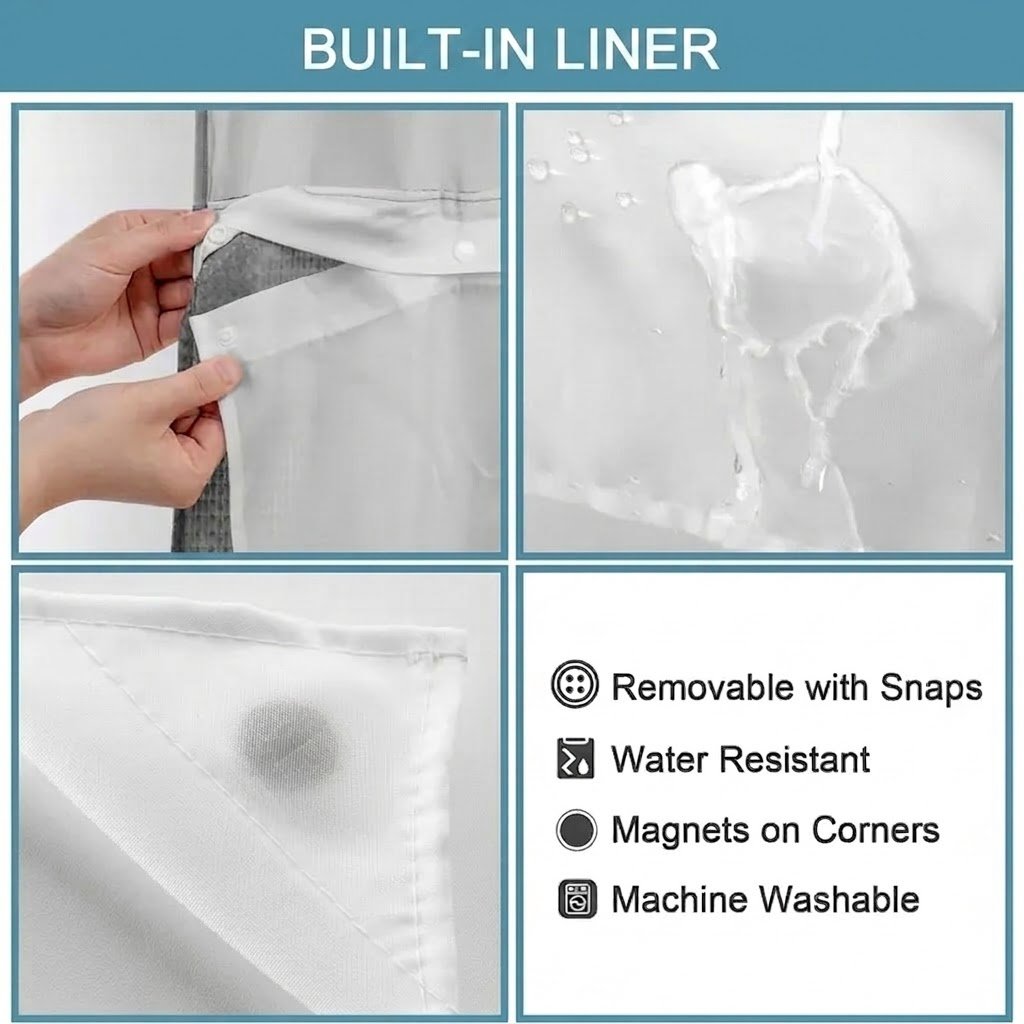 Hookless Shower Curtain with Snap-in Liner – Waterproof Double-Layer Design – Fabric Curtain with Waterproof Liner (White)
