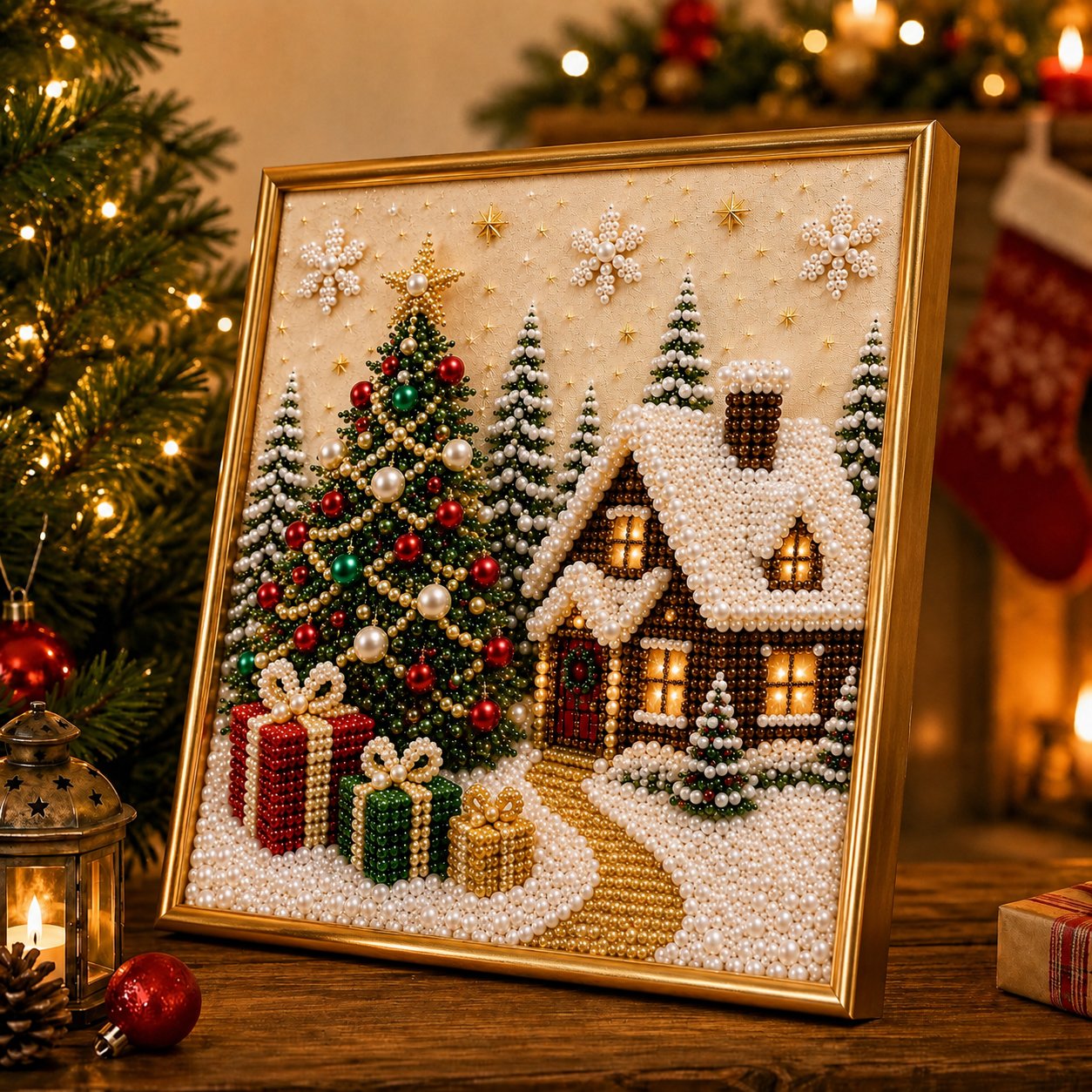 🔥HOT SALE🔥🎄🎅 Premium 3D Pearl Christmas Wall Art Kit | Luxury Flocked Canvas with Scratch-Resistant Non-Fading Pearl Beads DIY Holiday Decor ⛄️❄️