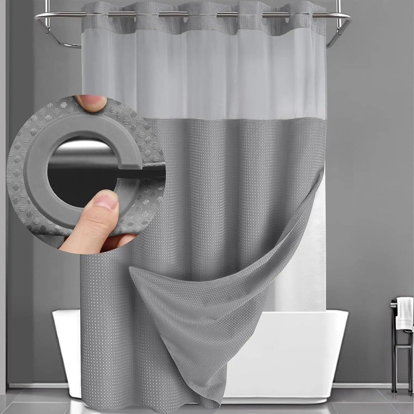 Hookless Shower Curtain with Snap-in Liner – Waterproof Double-Layer Design – Fabric Curtain with Waterproof Liner (White)