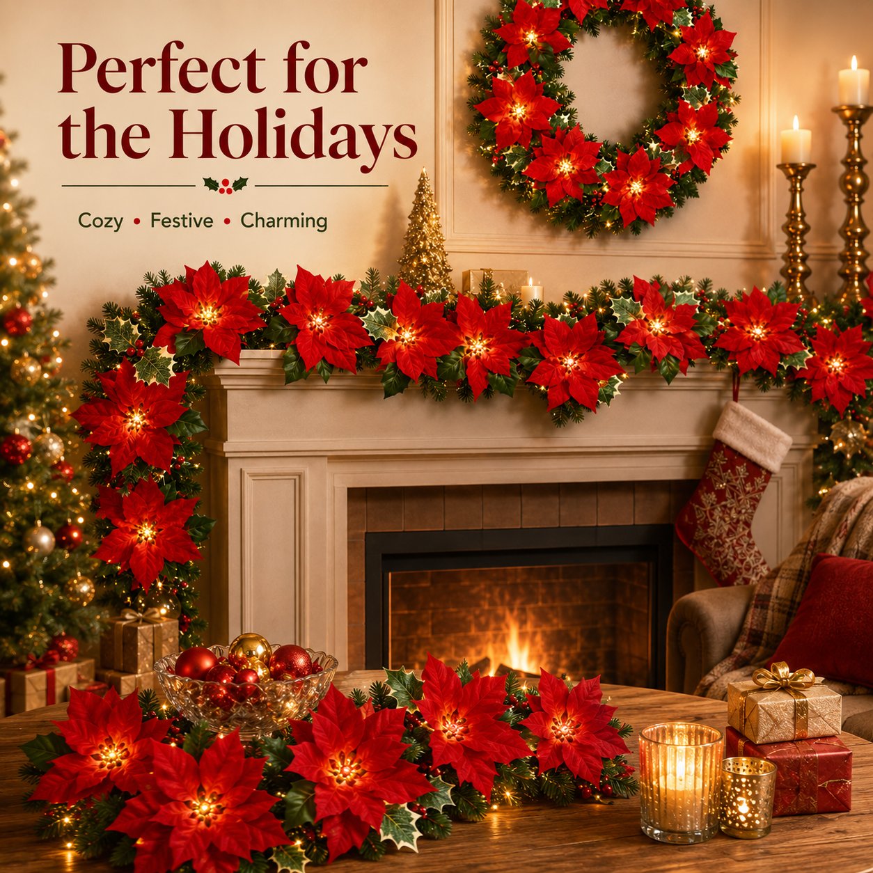 🎄✨ Christmas Poinsettia LED Garland String Lights