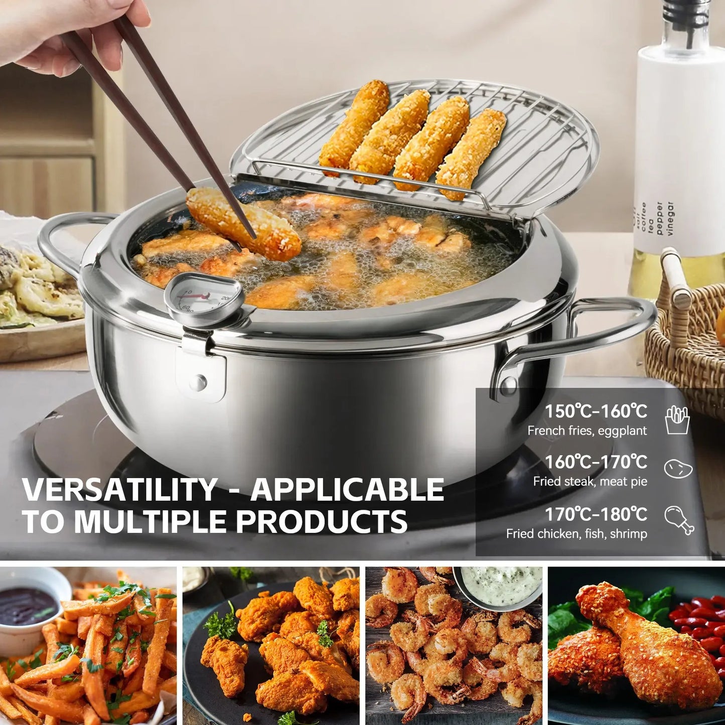 🥗Kitchen Essentials 🍳 304 Stainless Steel Deep Fryer Pot – Thermometer, Oil Drain Rack, Splatter-Proof Lid