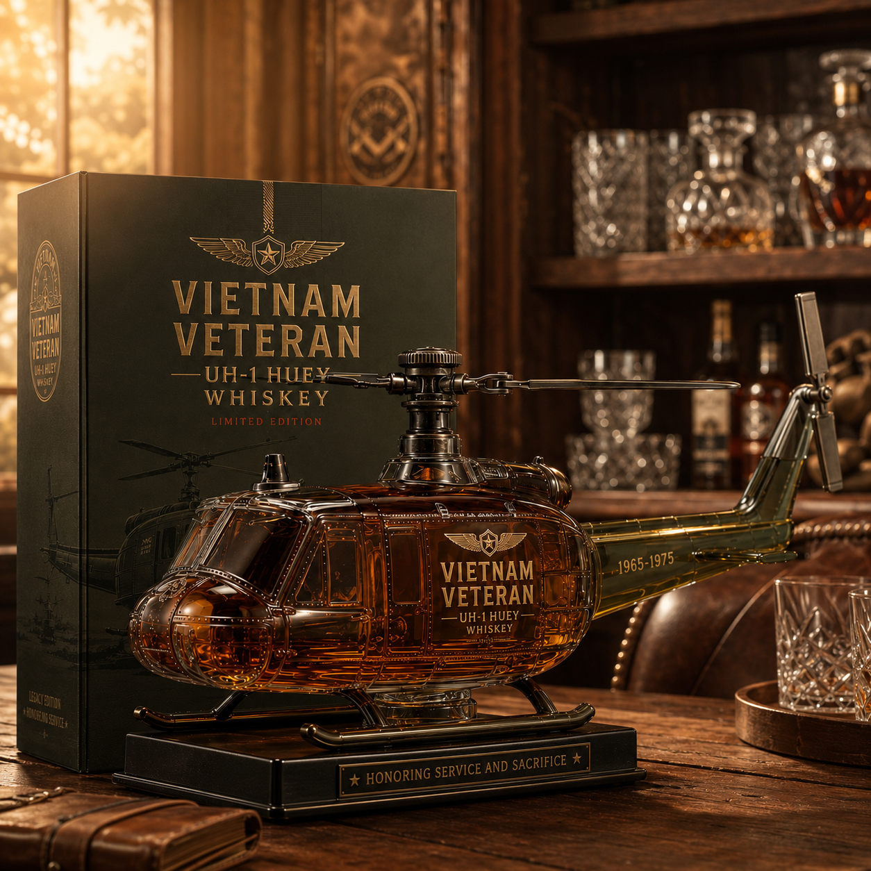 🚁Vietnam Veteran UH-1 Huey Helicopter 1965-1975 Whiskey Bottle