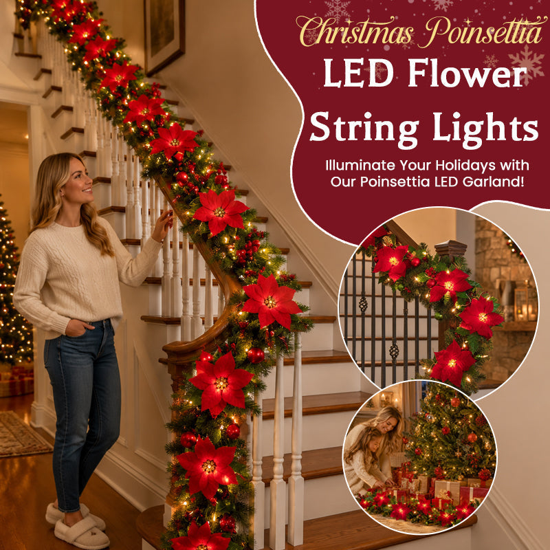 🎄Lighted Poinsettia Christmas Garland – Warm LED Holiday Greenery