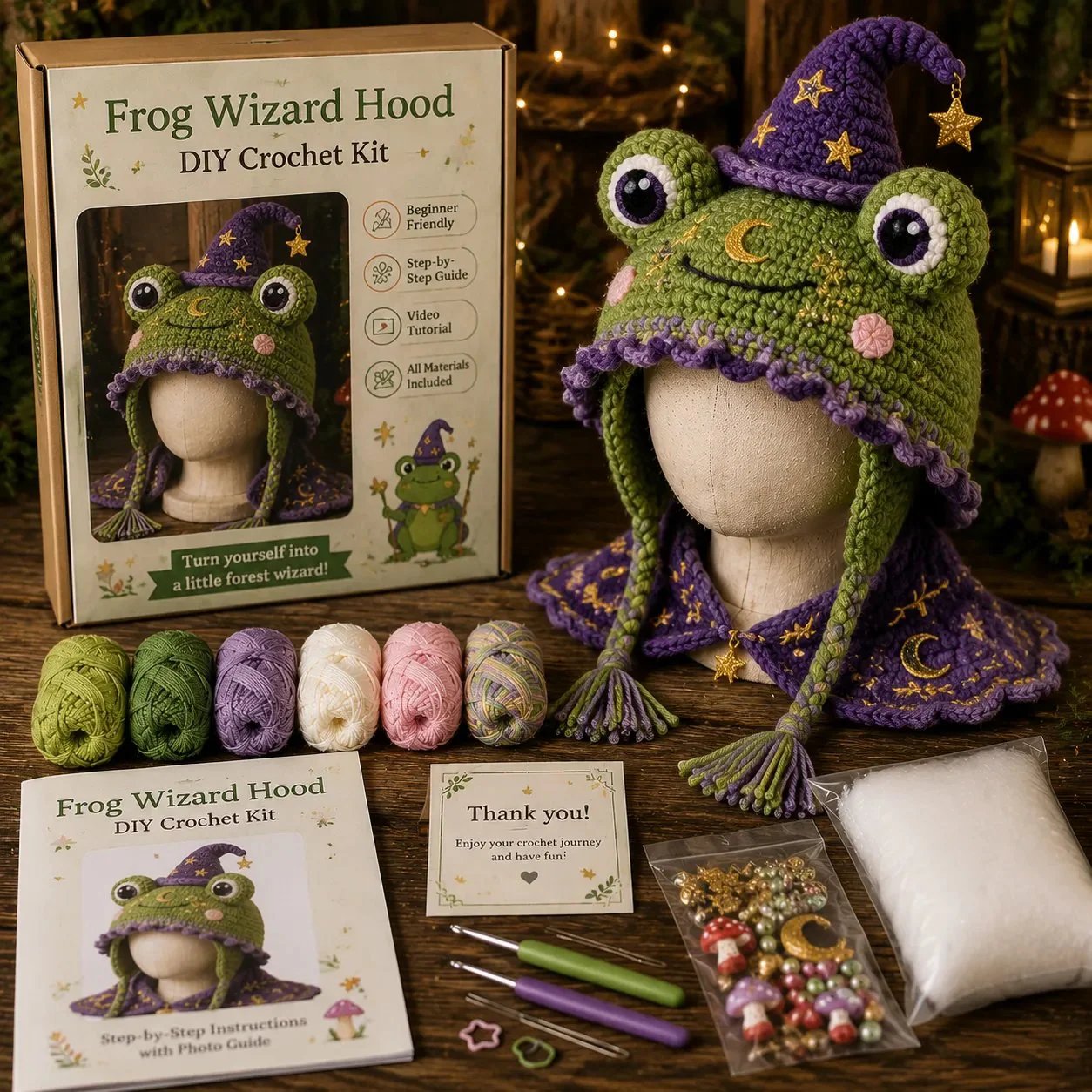 🐉🧶 Fantasy Hood Hat DIY Crochet Kit – Stitch Your Own Magical Character