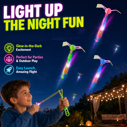 🚁 10-Pack LED Flying Set – Helicopters + Slingshots, Glow in the Dark