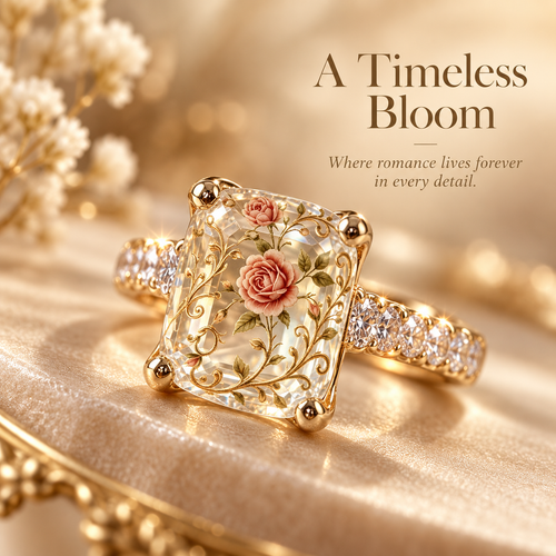 💍 Old-World Floral Ring – Square Crystal Statement Jewelry for Women