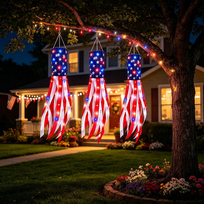 3 Pack 50 Inch Large American Flag Windsocks with Red White Blue Lights