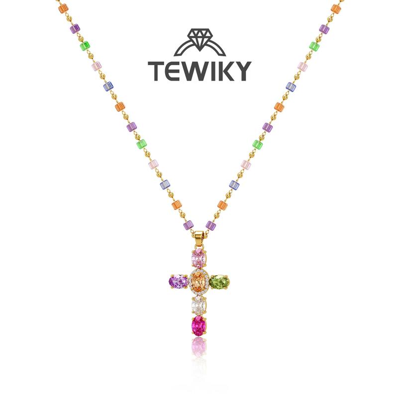 Multicolor Cubic Zirconia Cross Pendant Necklace
