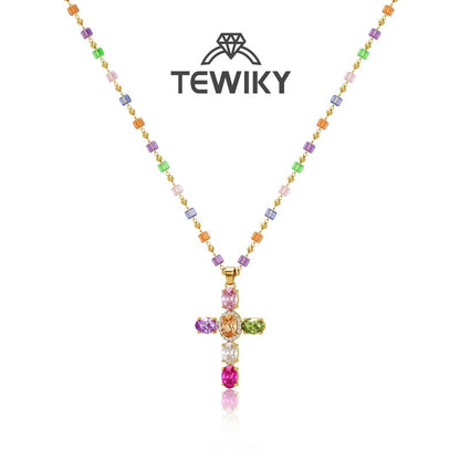 Multicolor Cubic Zirconia Cross Pendant Necklace