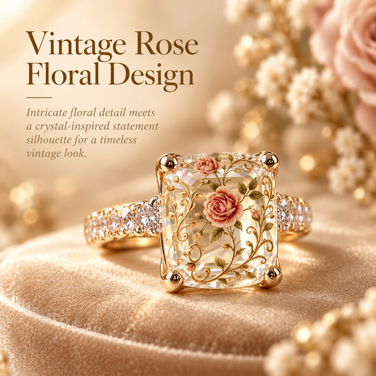 💍 Old-World Floral Ring – Square Crystal Statement Jewelry for Women