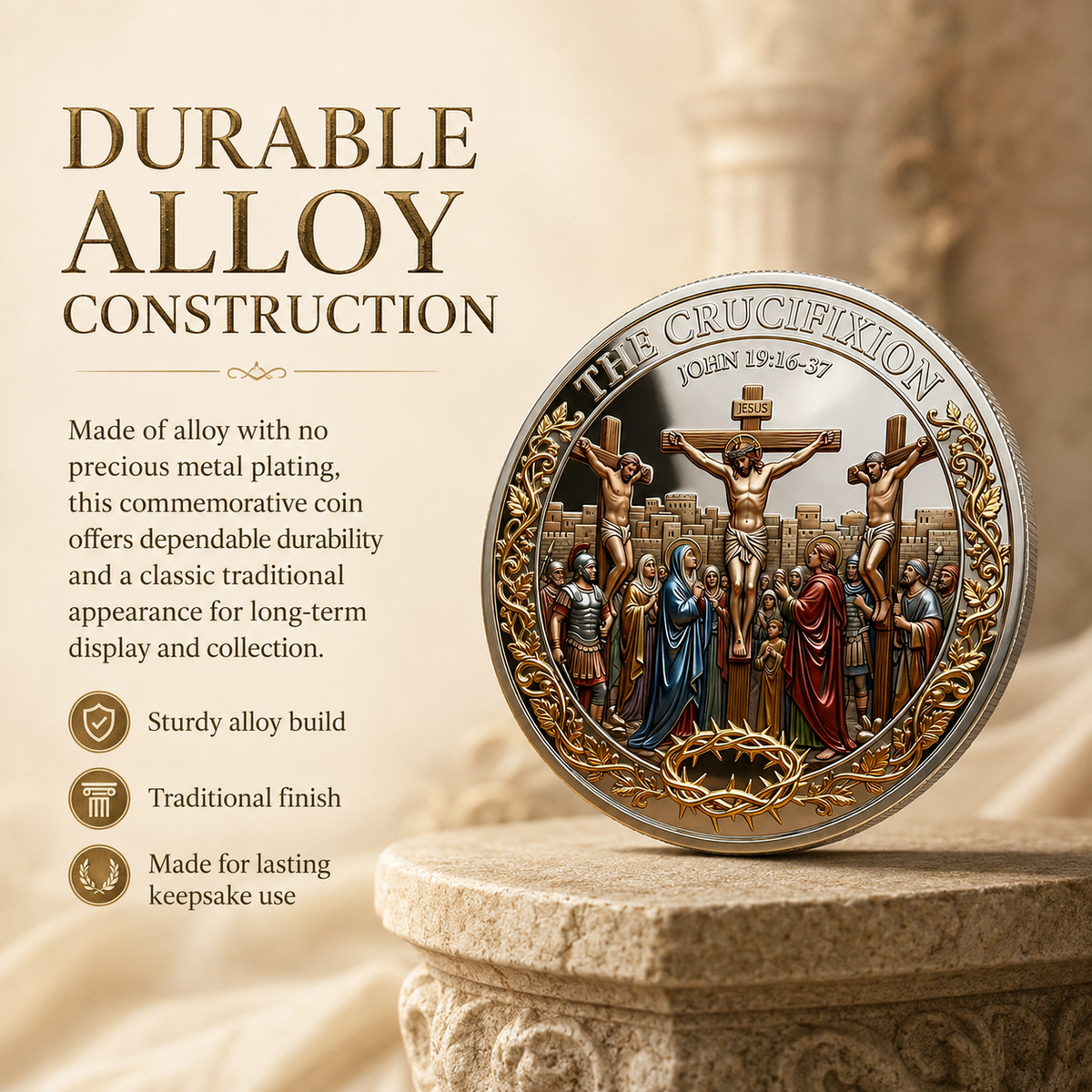 Cross & Resurrection Memorial Coin – Alloy Relief Keepsake for Faith and Remembrance