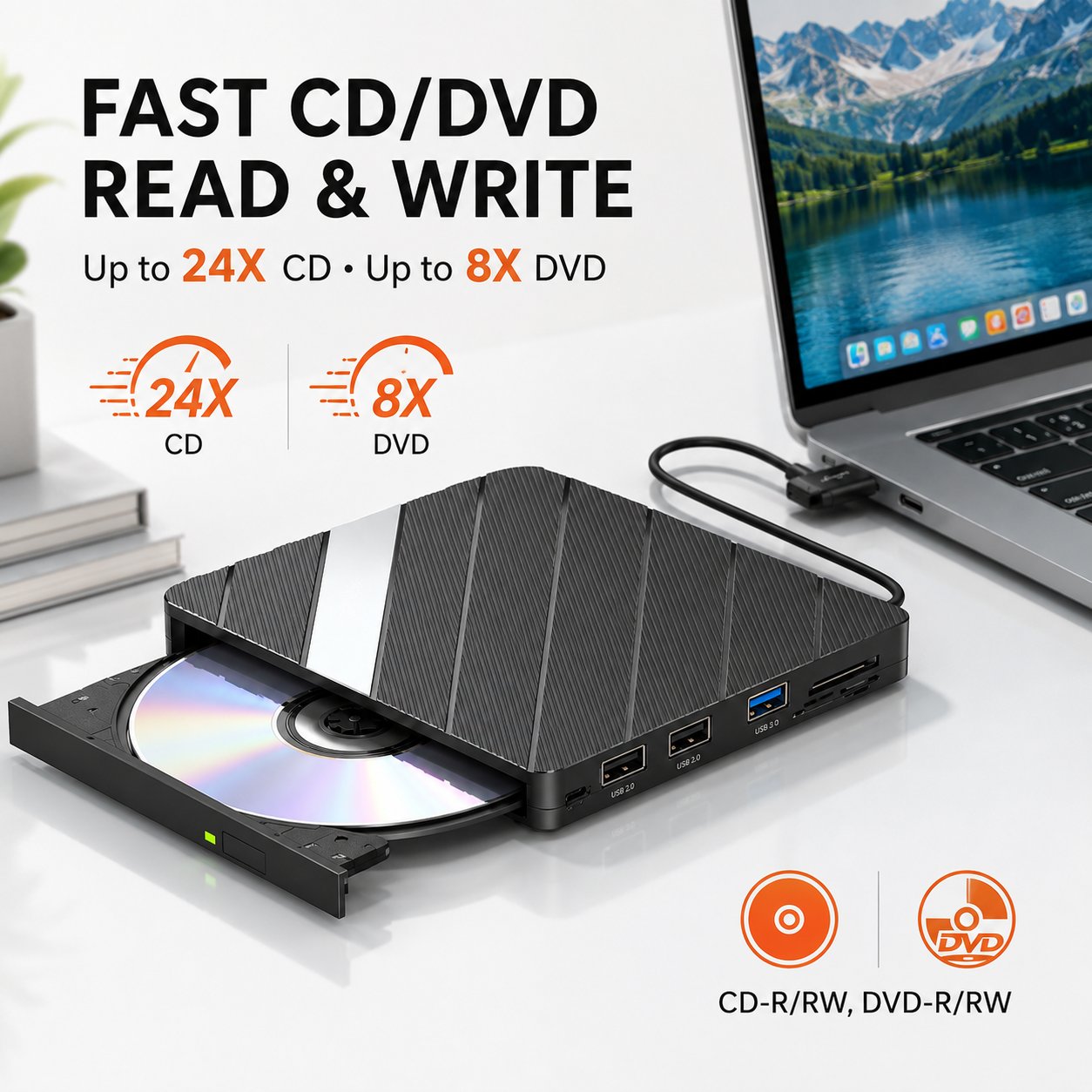 💿 Retro 5‑in‑1 External CD/DVD Drive & Hub