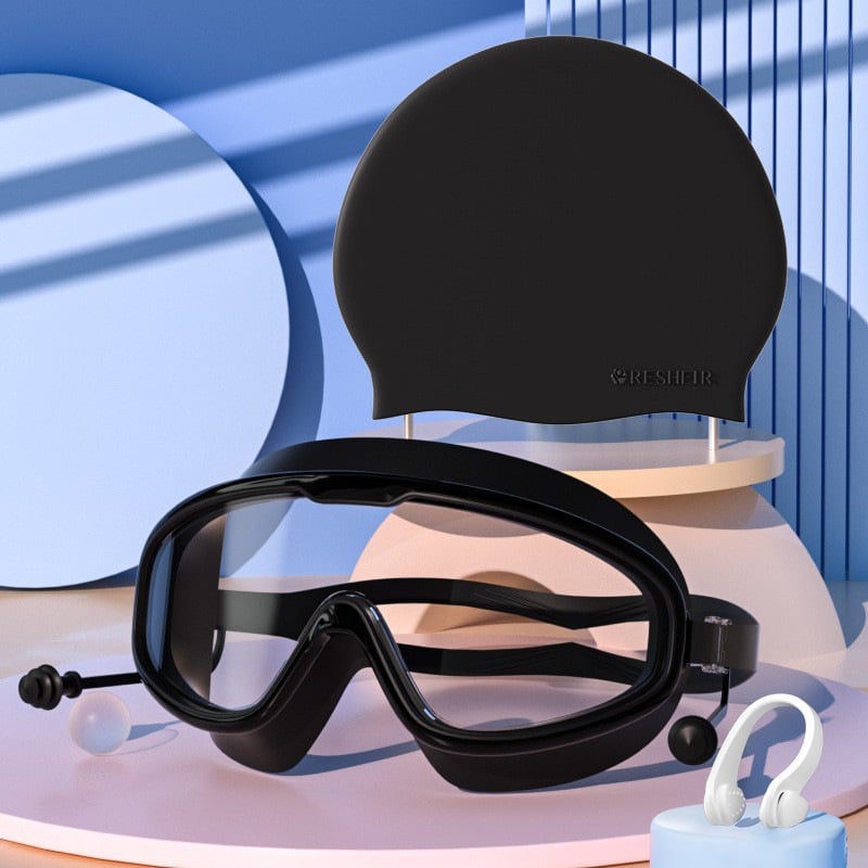💥2026 New Arrival🎉-HD adult waterproof and anti-fog electroplated swimming goggles, swimming cap and nose clip set