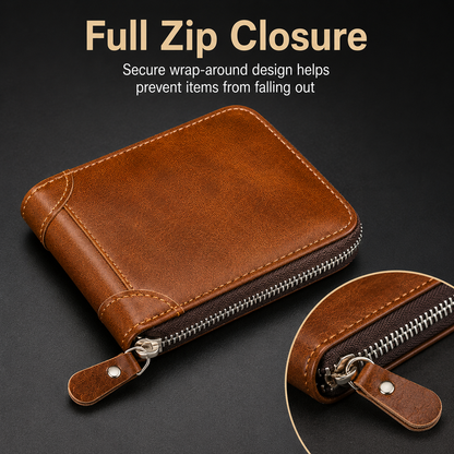 💼 Men Retro PU Leather Zip Wallet, Bifold Card Coin Purse