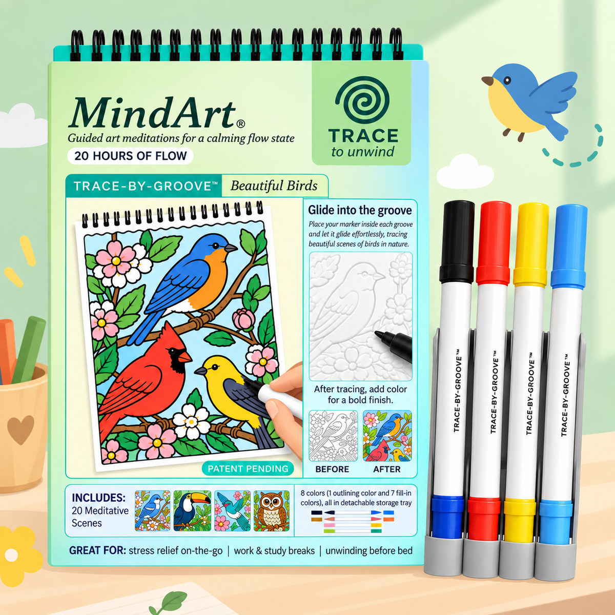 🥳2026 HOT SALE🥳💞50K+ SOLD! 🥚 🌿Trace-By-Groove Guided Flow Art Coloring Pad with Double-Sided Markers 🎨