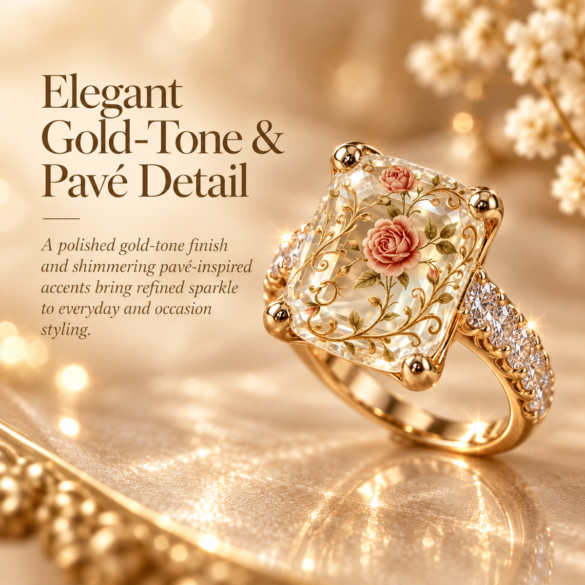 💍 Old-World Floral Ring – Square Crystal Statement Jewelry for Women