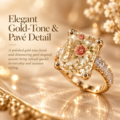 💍 Old-World Floral Ring – Square Crystal Statement Jewelry for Women
