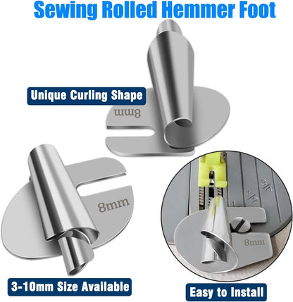 💯🧵8 PCS Stainless Steel Rolled Hemmer Foot Set | 3mm-10mm Sewing Hemming Guide