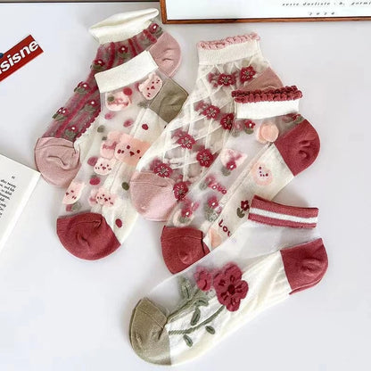 🔥Buy More Save More🔥7 Pairs Womens Sheer Floral Mesh Ankle Socks